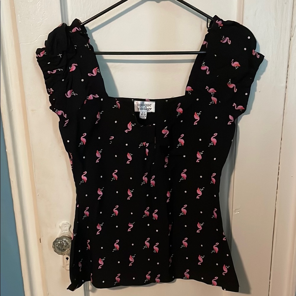 Unique Vintage Black Flamingo Patterned Puff Sleeve Fitted Blouse